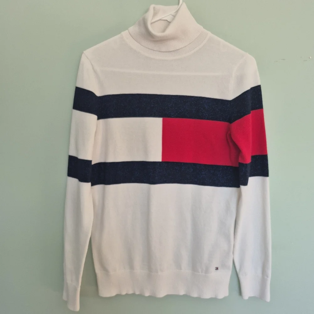 Tommy Hilfiger Women's Preppy White Logo Stripe Turtleneck Sweater Size XS/S - Picture 2 of 8